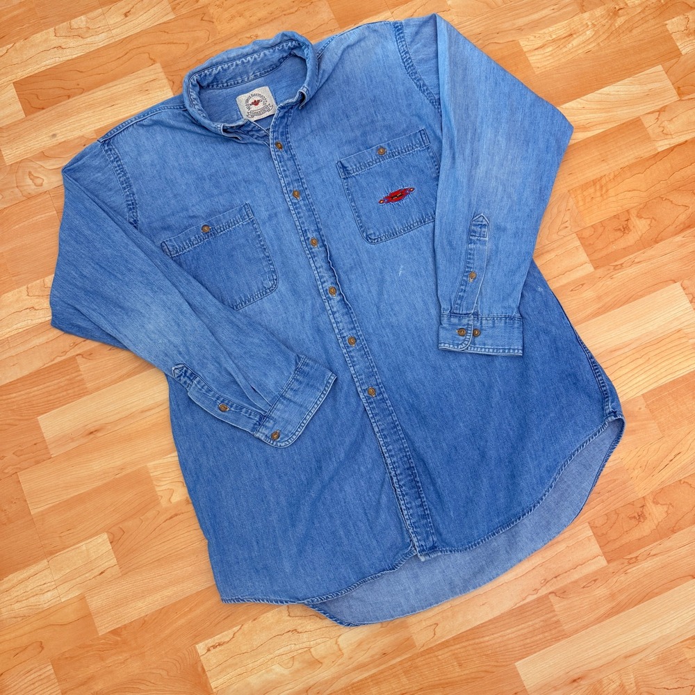 Vintage Mid-West Garment Co Mens Blue Denim Southwestern Embroidered Button Down